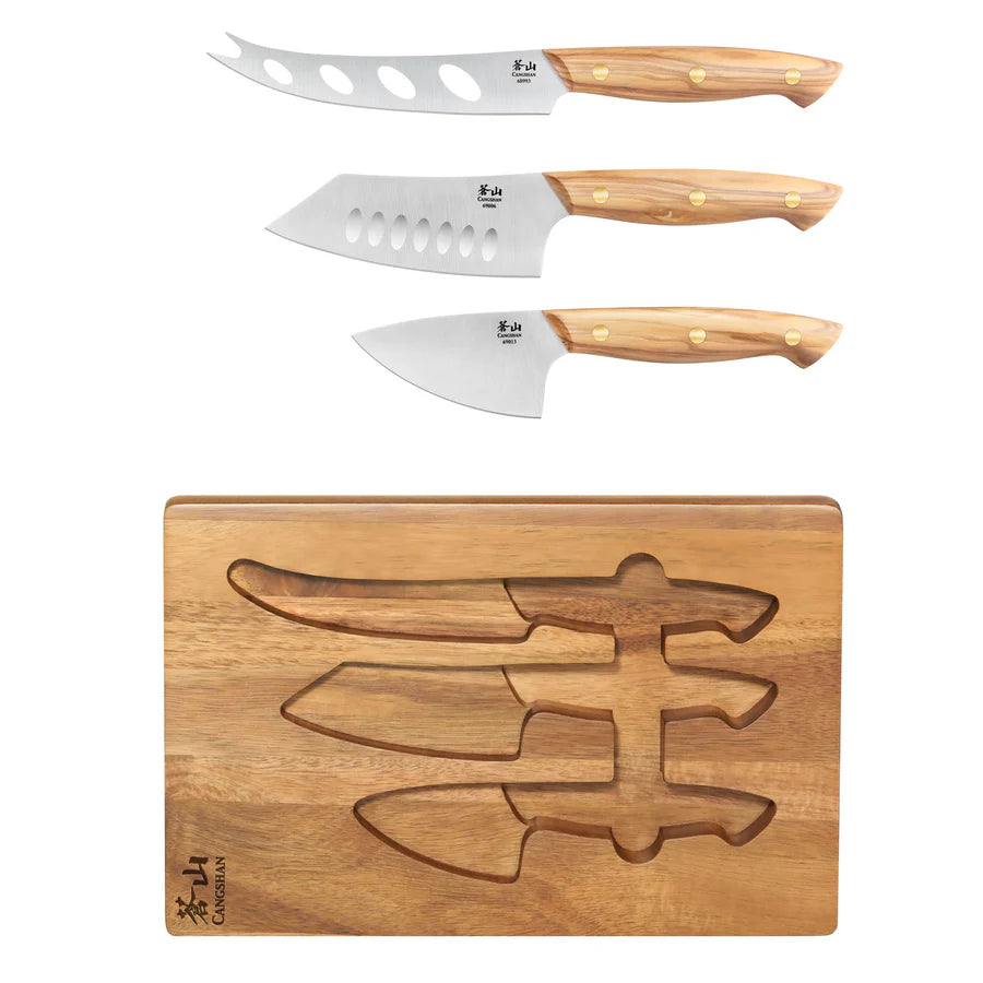Cangshan 3-Piece Olive Wood Cheese Knife Set with Acacia Cheese Board