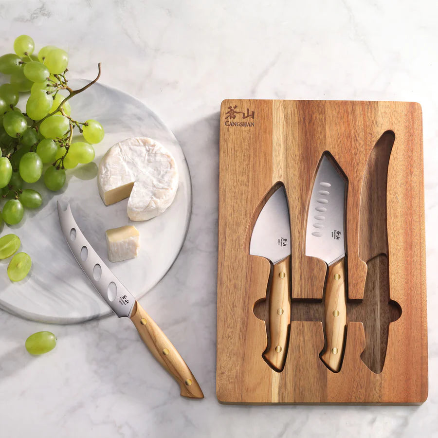 Cangshan 3-Piece Olive Wood Cheese Knife Set with Acacia Cheese Board
