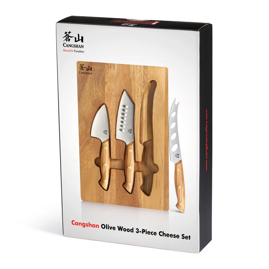 Cangshan 3-Piece Olive Wood Cheese Knife Set with Acacia Cheese Board